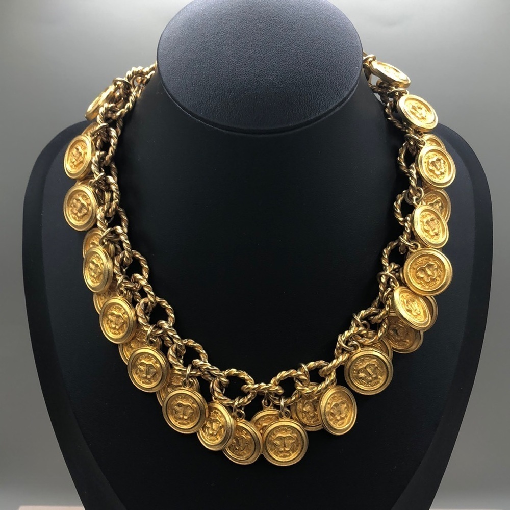 Designer MISH vintage statement look lion dangle coin necklace runway catwalk.